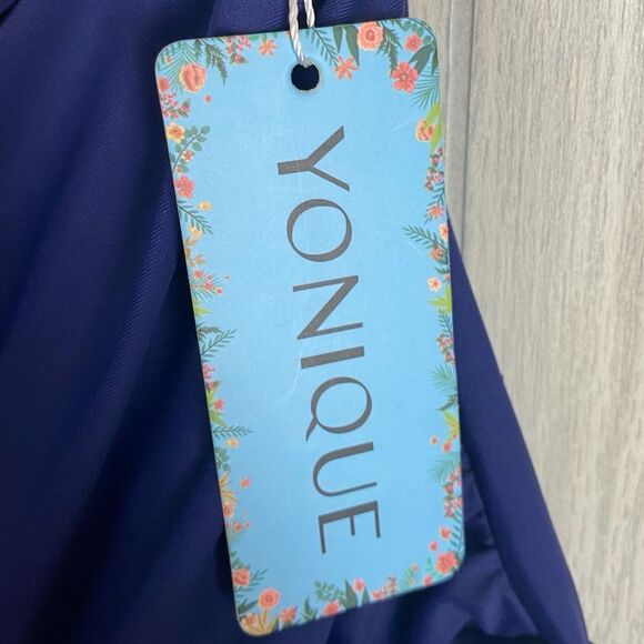 Yonique | Navy Blue Swim Dress With V-Neck Mesh Detail Size Large - Picture 6 of 10